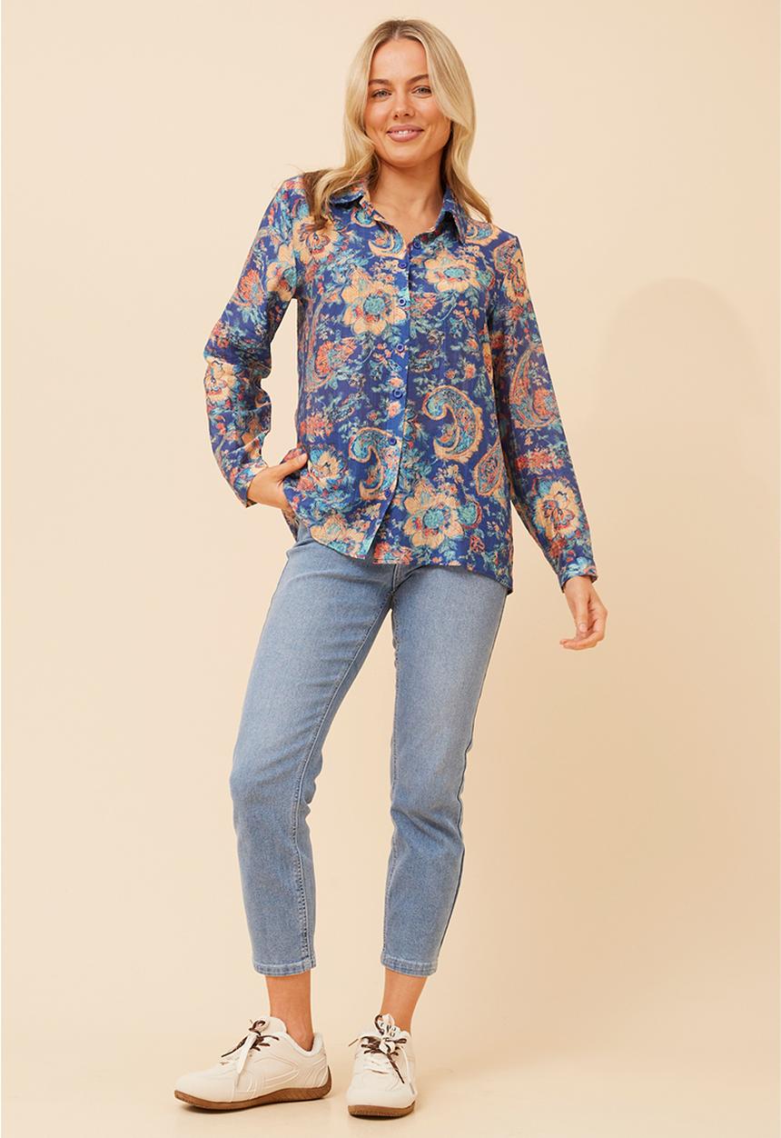 Stella Morgan - L/S Button Through Sheer Printed Blouse With Wood Buttons - Navy