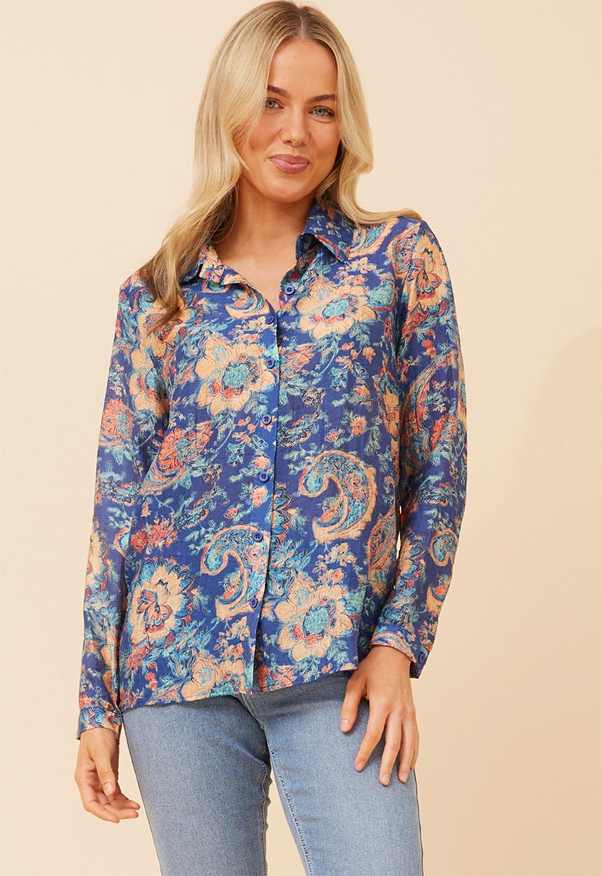 Stella Morgan - L/S Button Through Sheer Printed Blouse With Wood Buttons - Navy