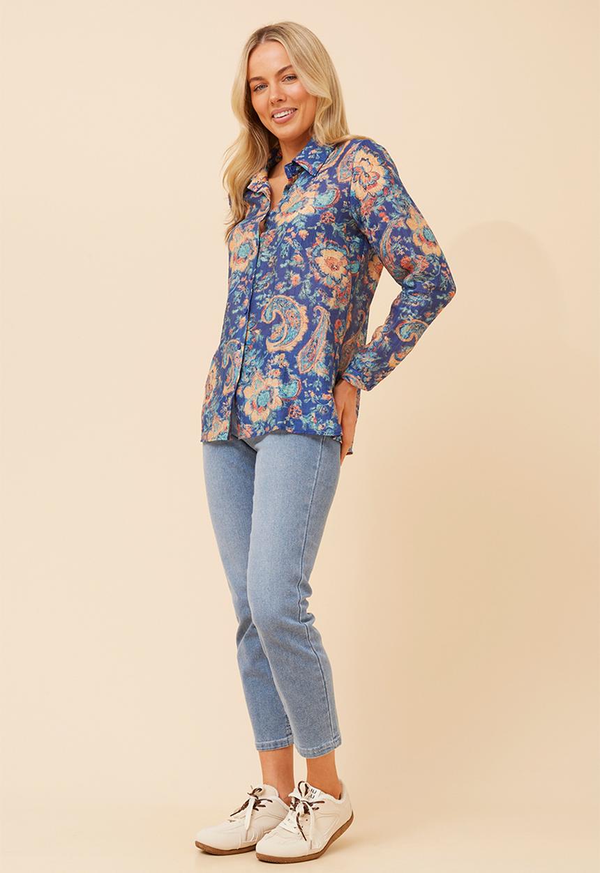 Stella Morgan - L/S Button Through Sheer Printed Blouse With Wood Buttons - Navy