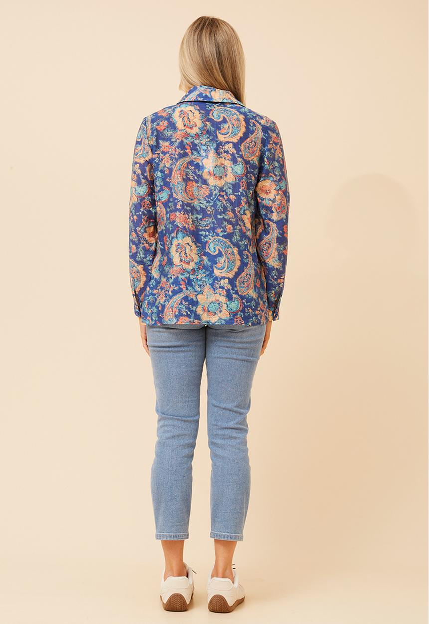 Stella Morgan - L/S Button Through Sheer Printed Blouse With Wood Buttons - Navy