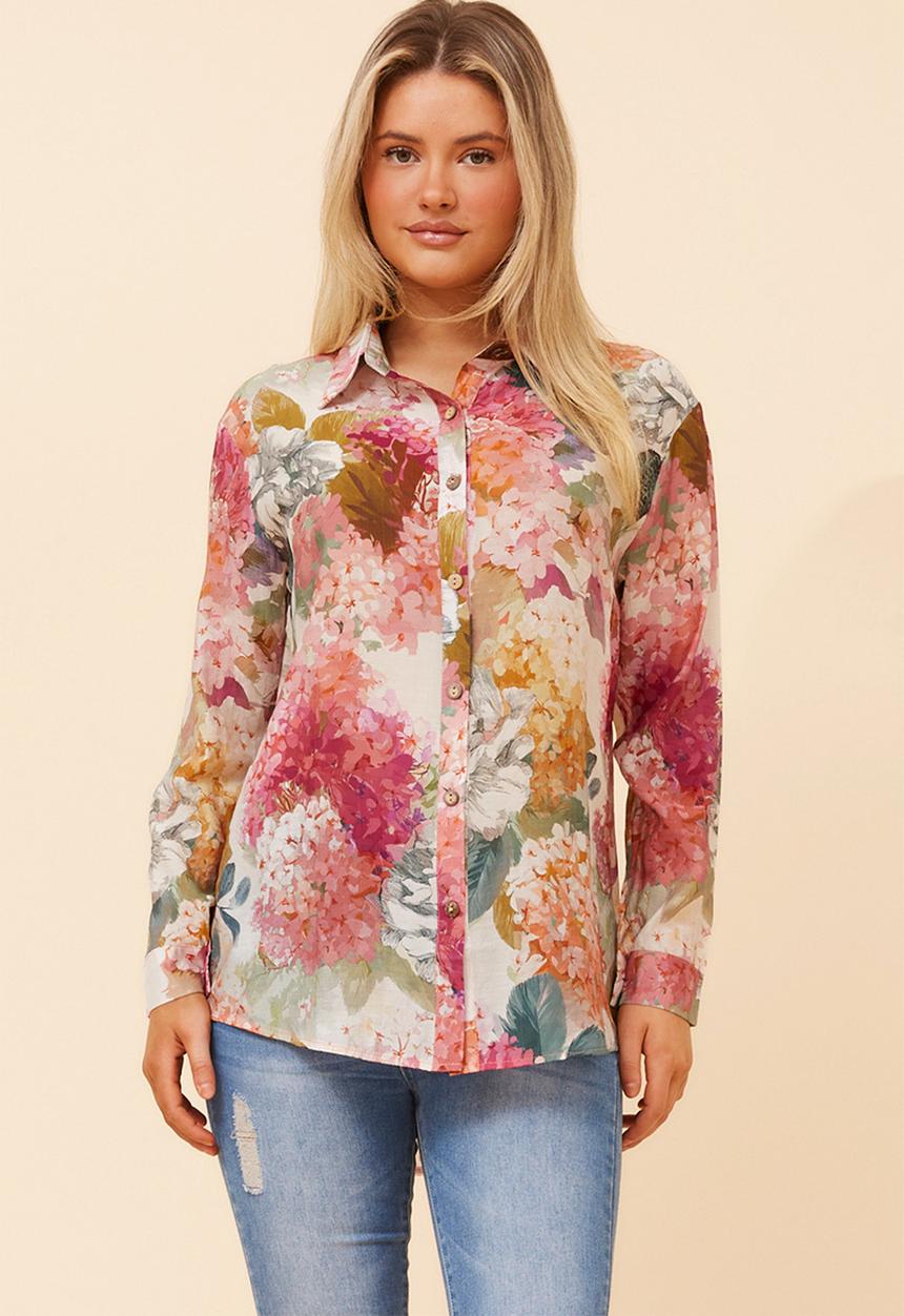 Stella Morgan - L/S Button Through Sheer Printed Blouse With Wood Buttons - Multi Pink