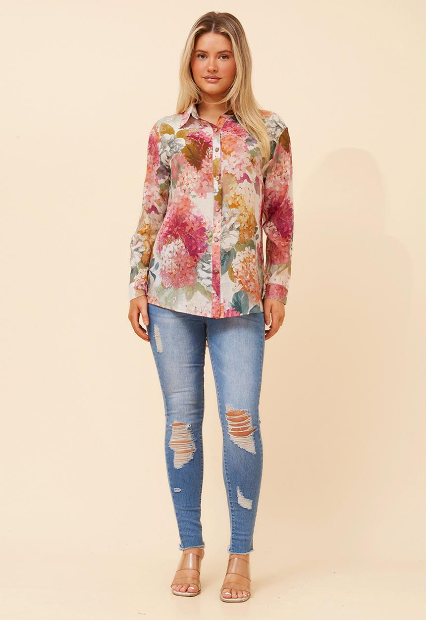 Stella Morgan - L/S Button Through Sheer Printed Blouse With Wood Buttons - Multi Pink