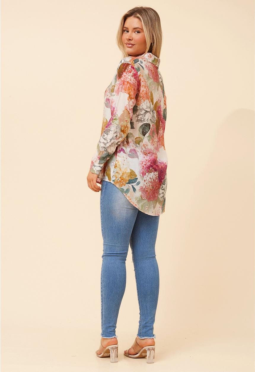Stella Morgan - L/S Button Through Sheer Printed Blouse With Wood Buttons - Multi Pink