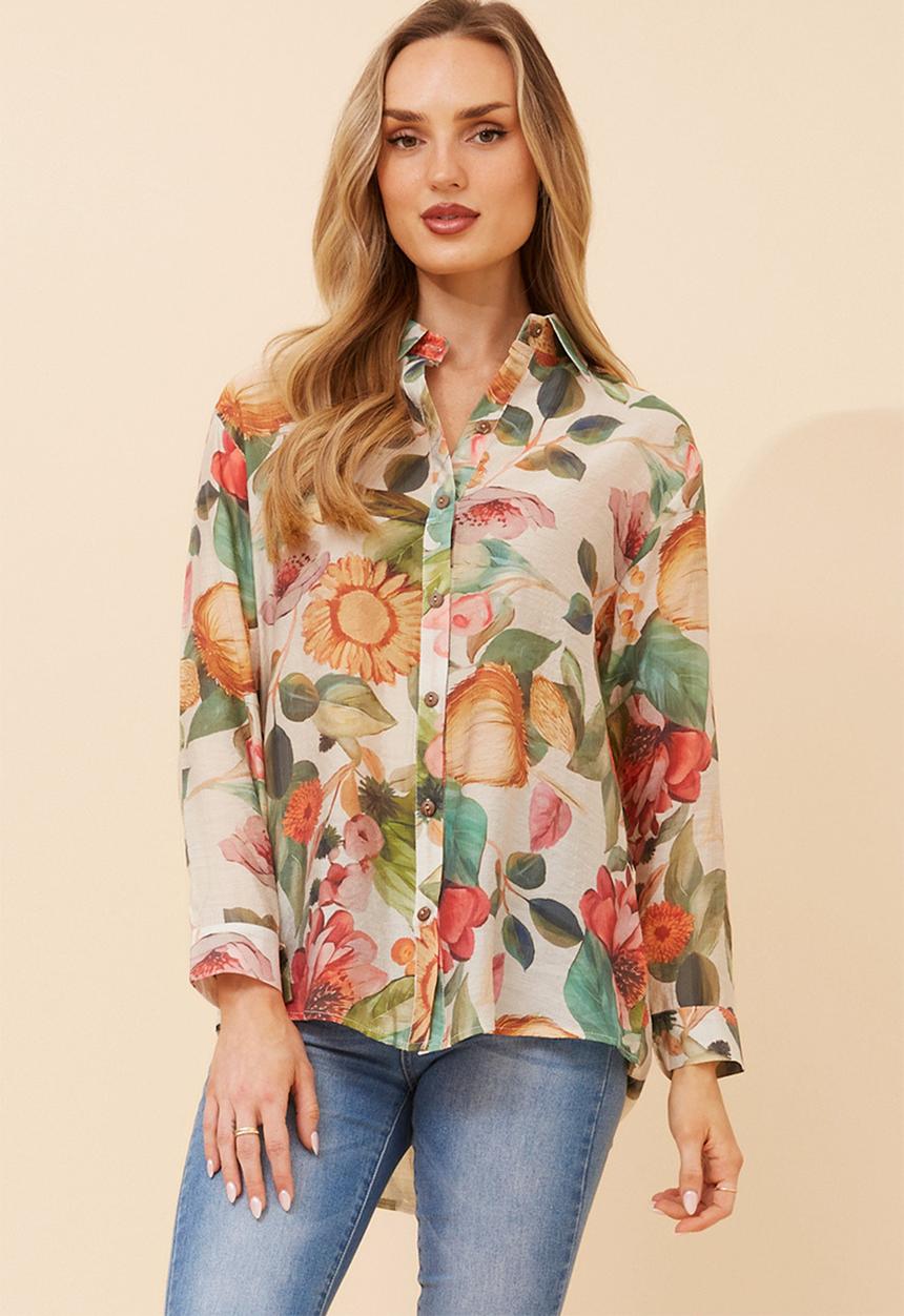 Izabel London - L/S Button Through Sheer Printed Blouse With Wood Buttons - Multi Green