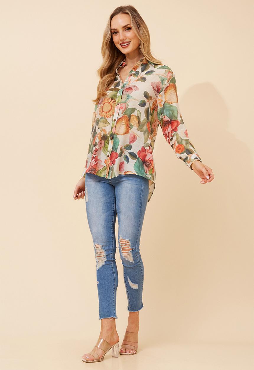 Izabel London - L/S Button Through Sheer Printed Blouse With Wood Buttons - Multi Green
