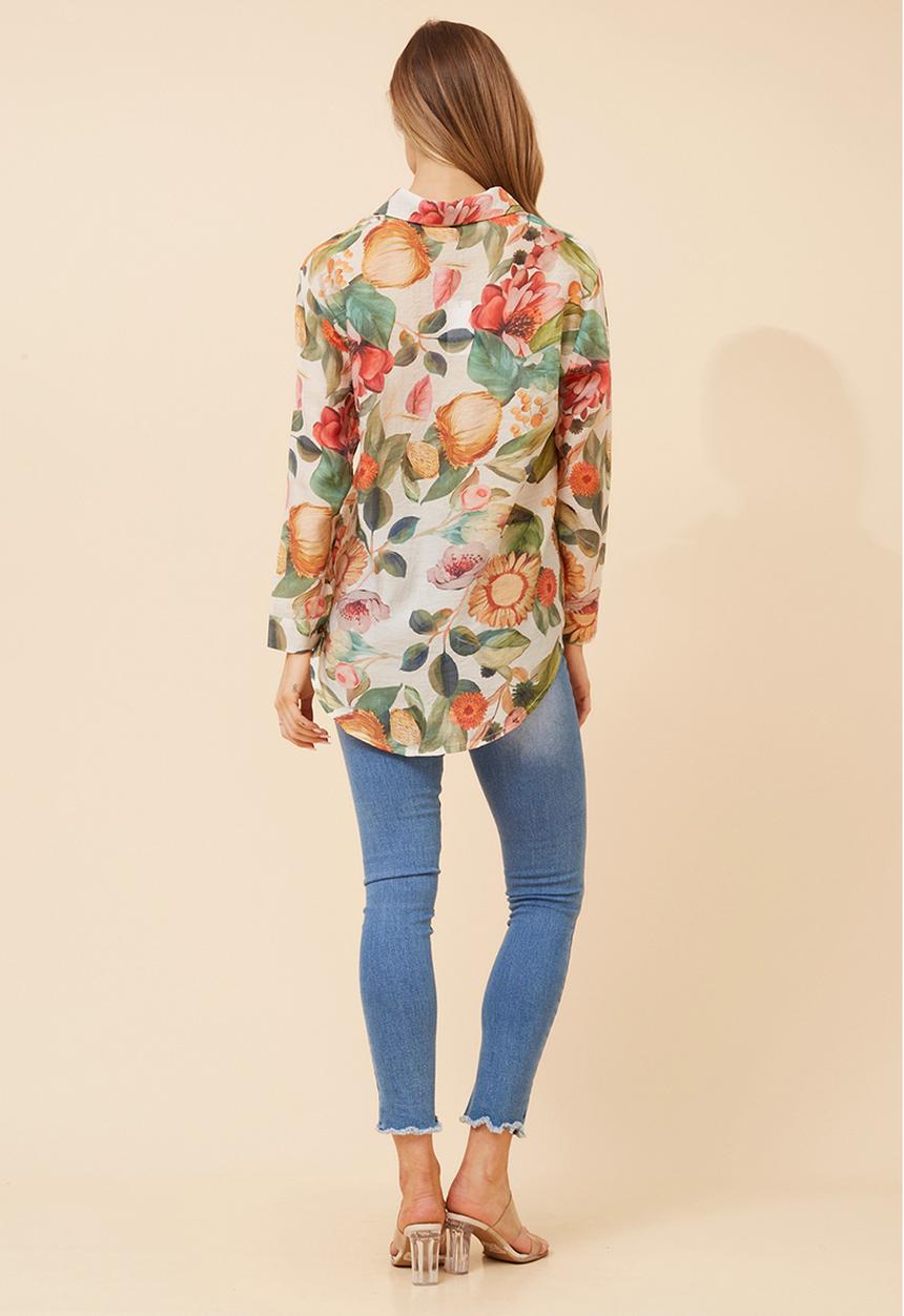 Izabel London - L/S Button Through Sheer Printed Blouse With Wood Buttons - Multi Green