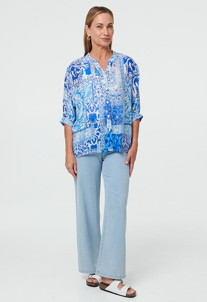 Stella Morgan - Half Sleeve Batwing Sheer Button Through Shirt With Centre Back Button Detail - Multi Blue