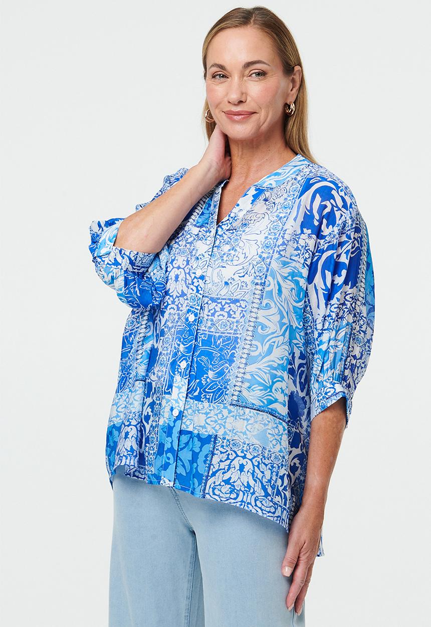 Stella Morgan - Half Sleeve Batwing Sheer Button Through Shirt With Centre Back Button Detail - Multi Blue