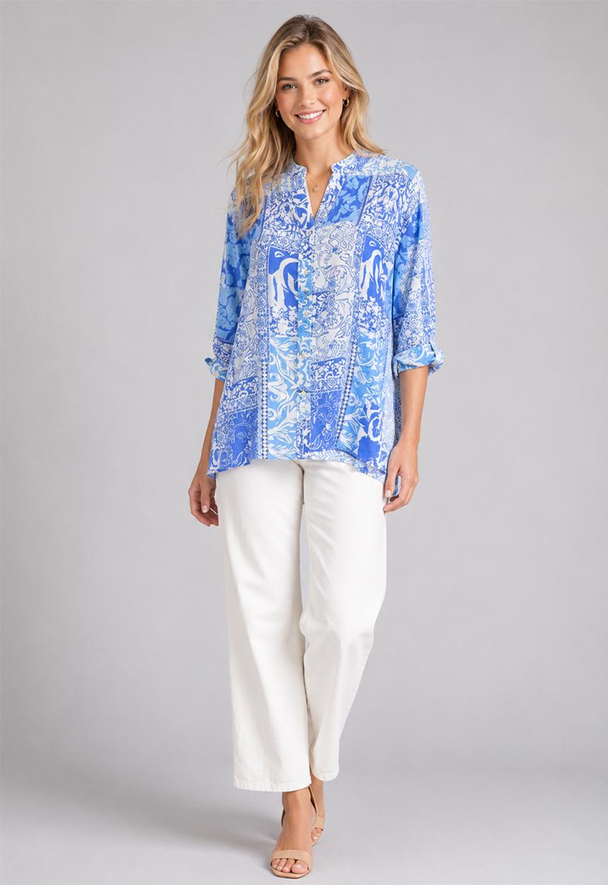 Stella Morgan - Half Sleeve Batwing Sheer Button Through Shirt With Centre Back Button Detail - Multi Blue