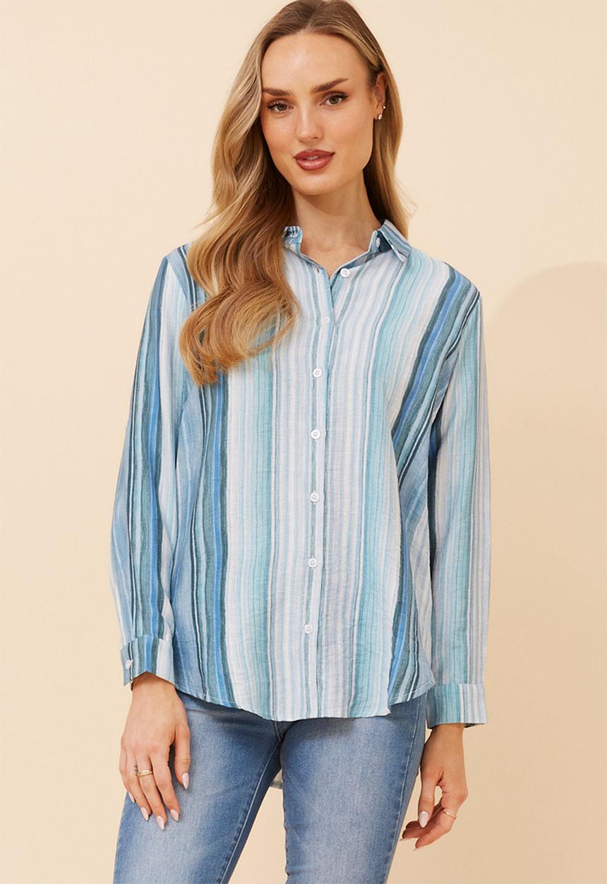 Izabel London - Long Sleeve Button Through Printed Stripe Shirt - Blue