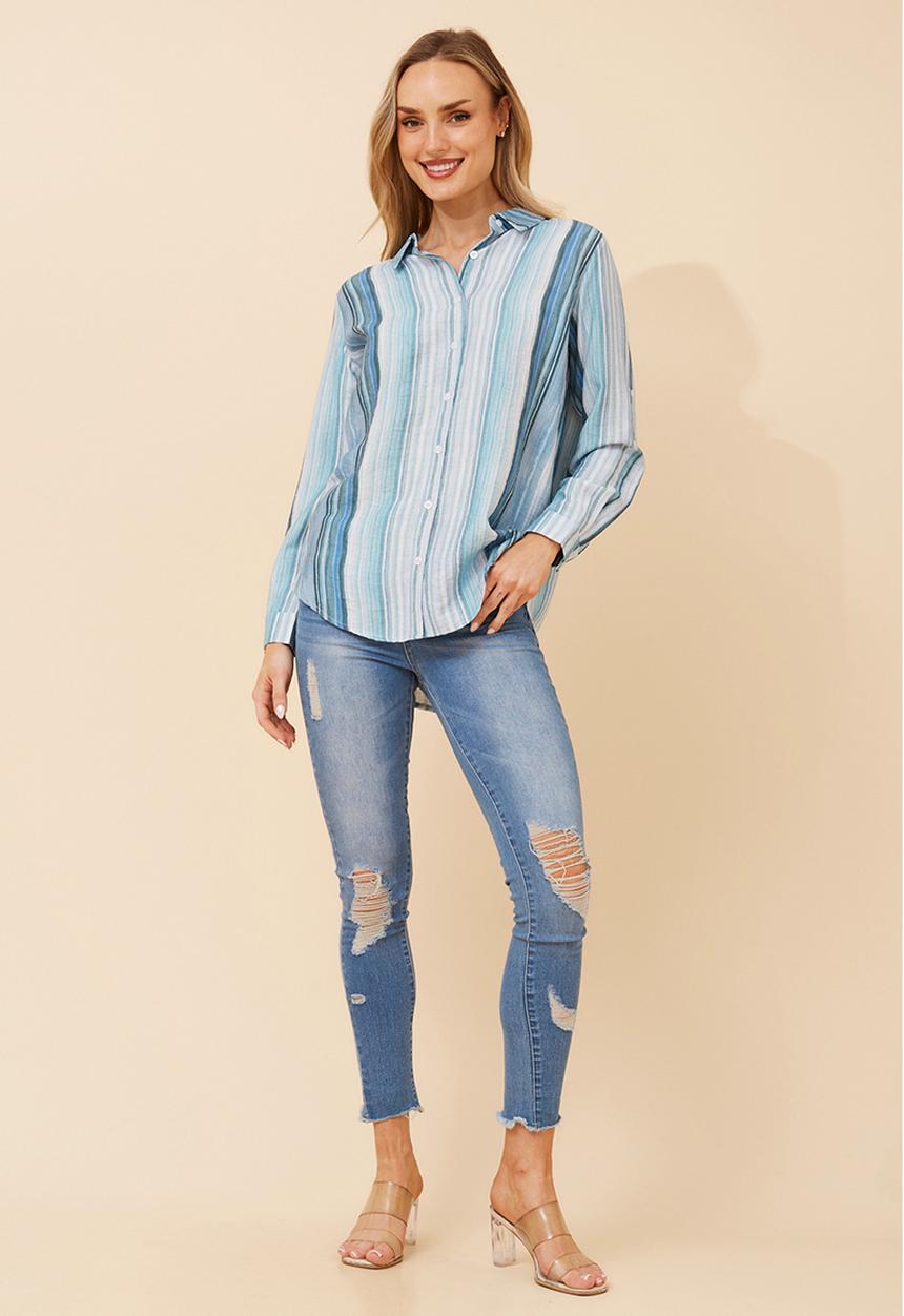 Izabel London - Long Sleeve Button Through Printed Stripe Shirt - Blue