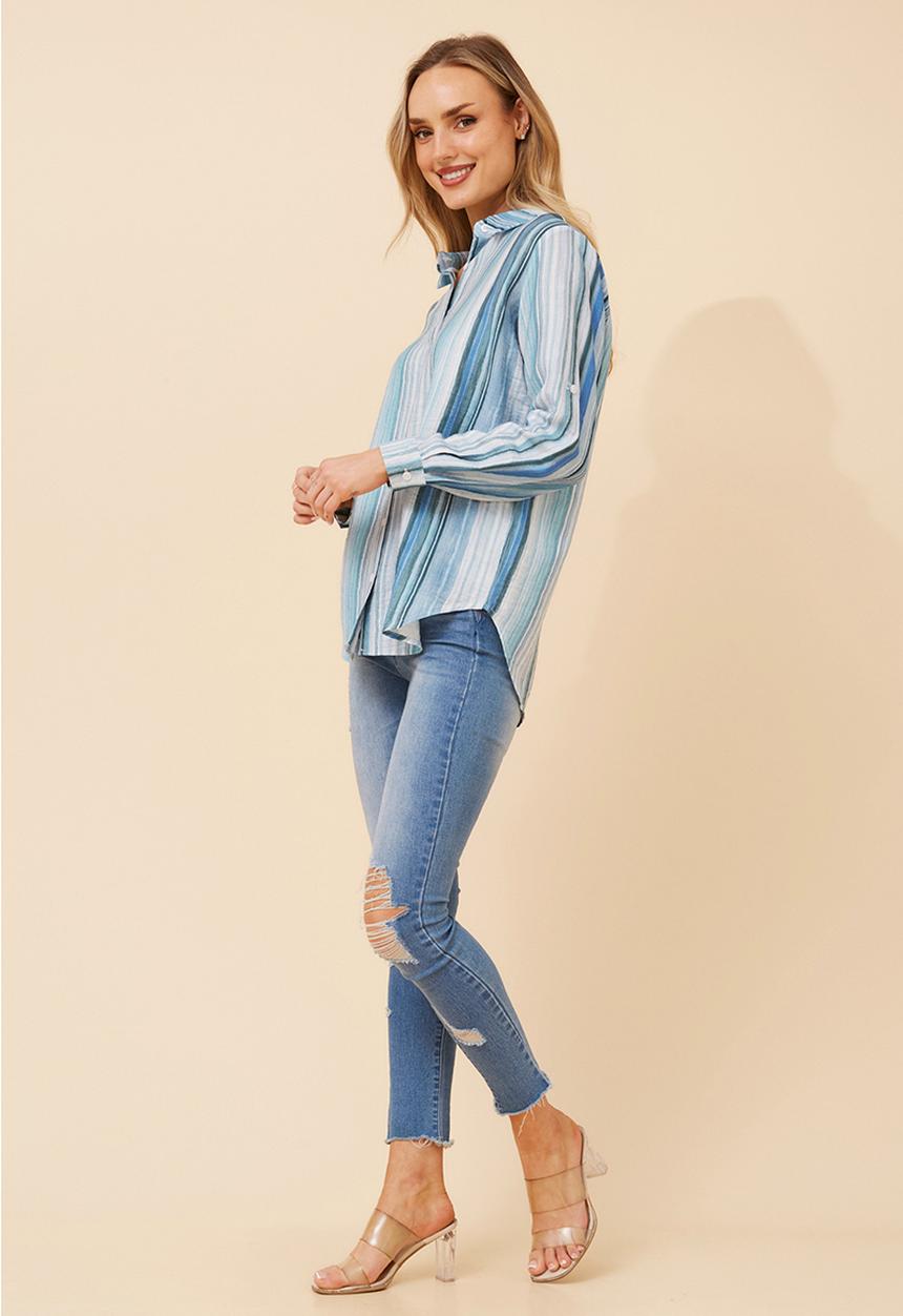 Izabel London - Long Sleeve Button Through Printed Stripe Shirt - Blue