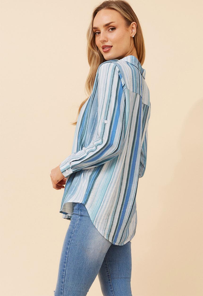 Izabel London - Long Sleeve Button Through Printed Stripe Shirt - Blue