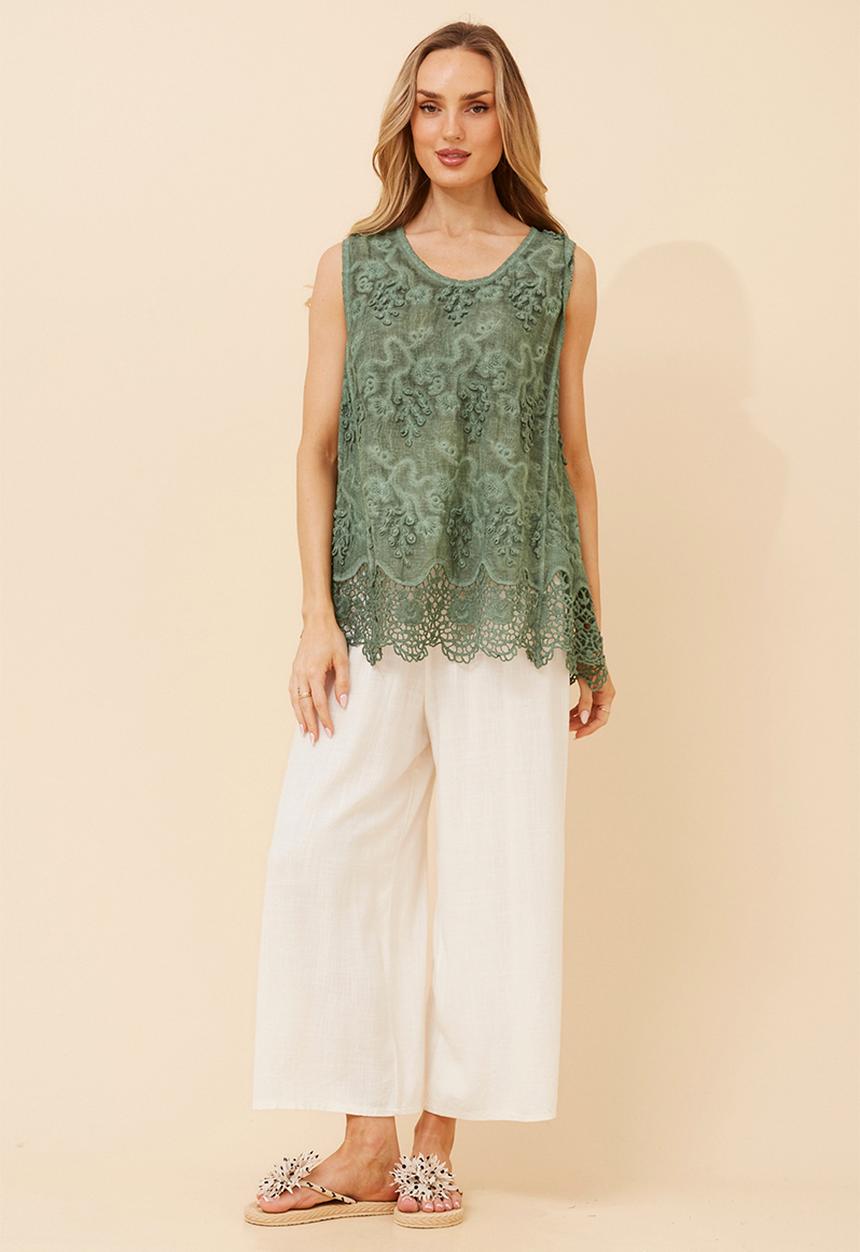 Izabel London - Sleeveless Cami Overdye With Floral Applique - Green