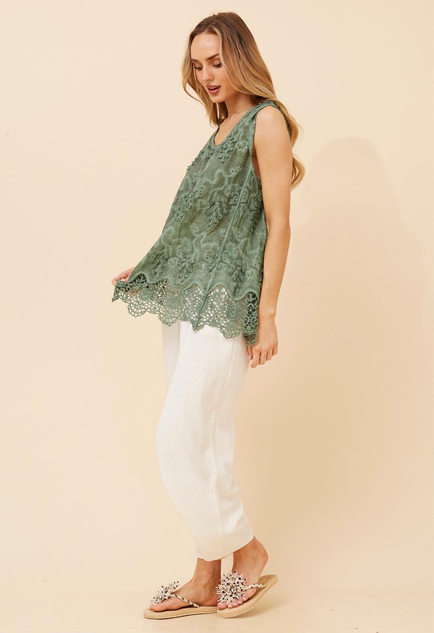 Izabel London - Sleeveless Cami Overdye With Floral Applique - Green