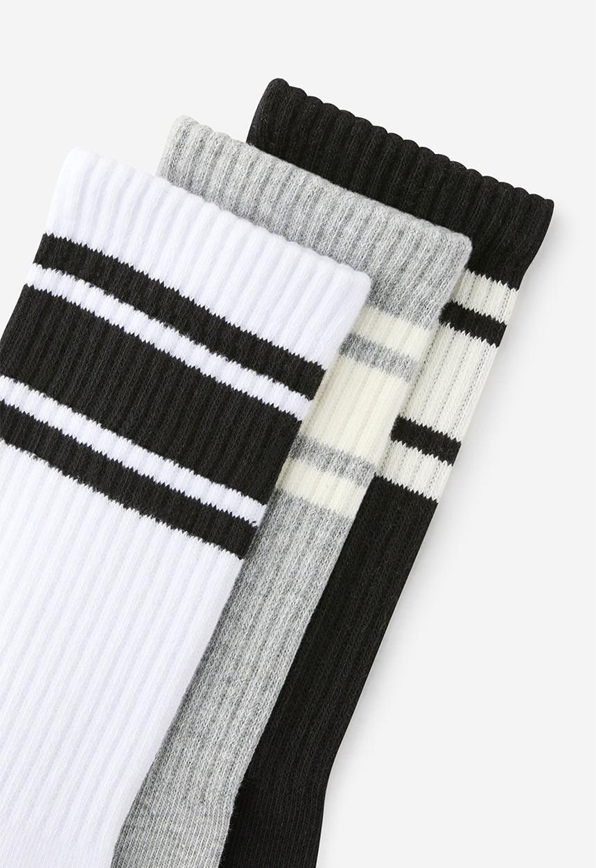 Cotton On - 3 Pack Essential Crew Socks - White/Grey Marle/Black/Triple Stripes