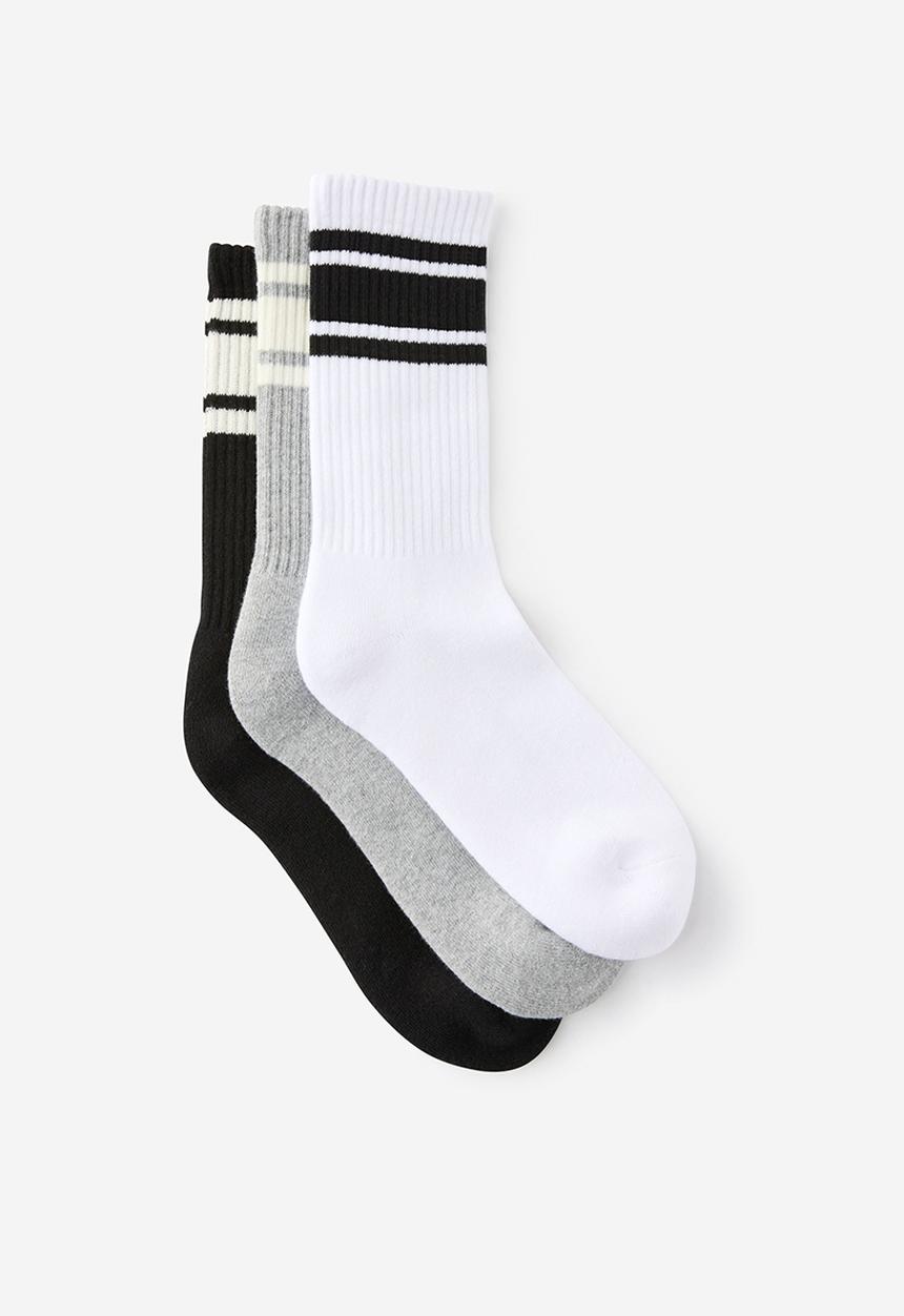 Cotton On - 3 Pack Essential Crew Socks - White/Grey Marle/Black/Triple Stripes