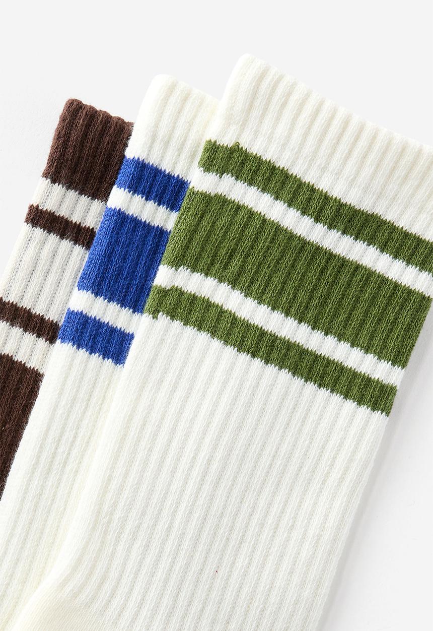 Cotton On - 3 Pack Essential Crew Socks - Chocolate/Off White/Off White Triple Stripes