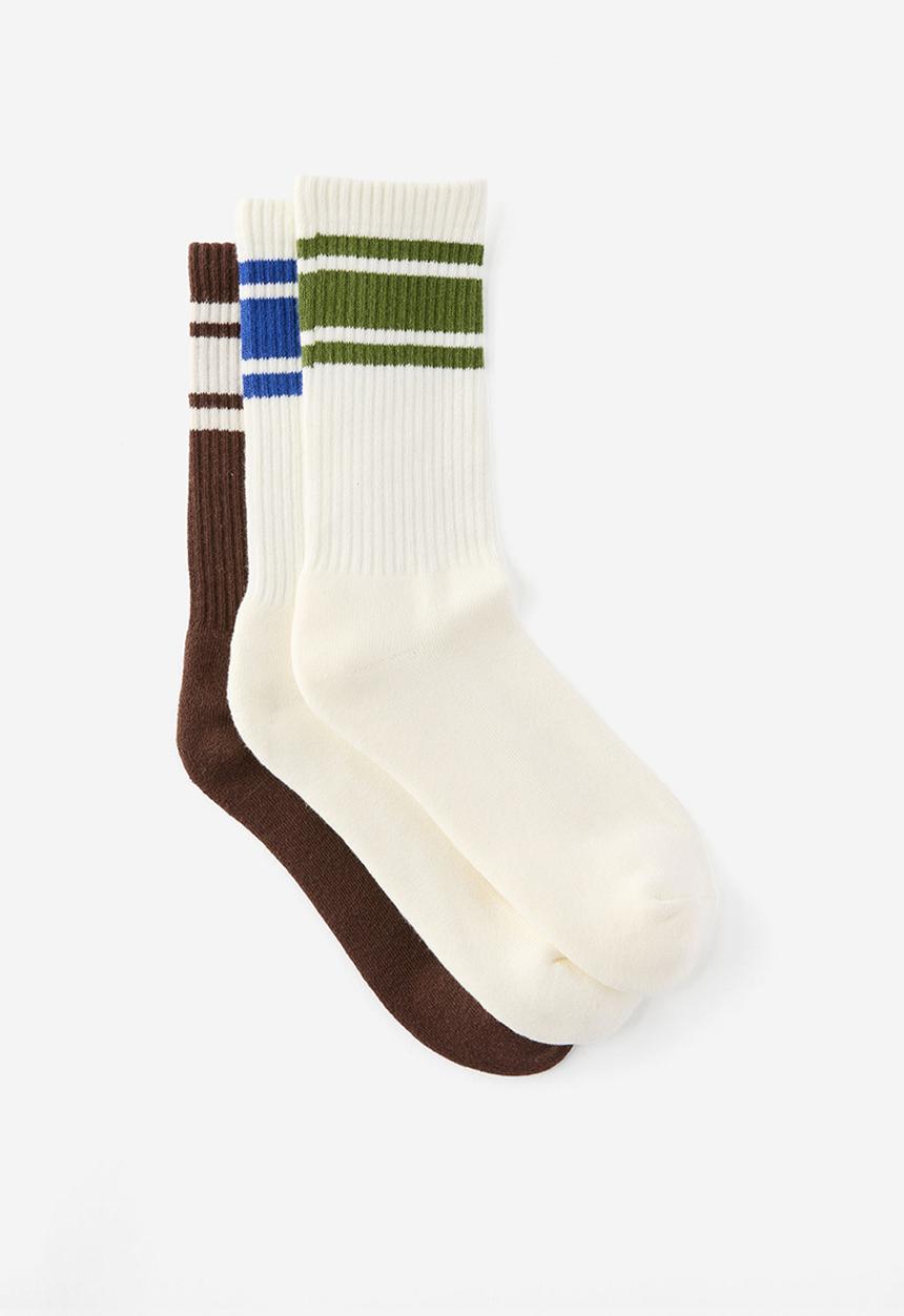 Cotton On - 3 Pack Essential Crew Socks - Chocolate/Off White/Off White Triple Stripes