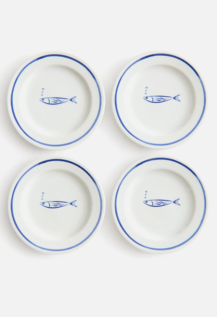 H&M - 4-pack small porcelain plates - blue/fish