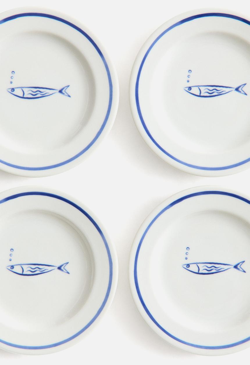 H&M - 4-pack small porcelain plates - blue/fish