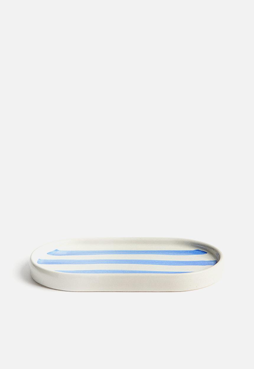 H&M - Stoneware tray - white/blue striped
