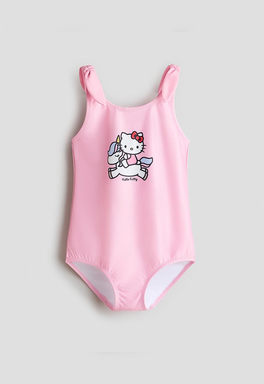 H&M - Printed knot-detail swimsuit - light pink/hello kitty