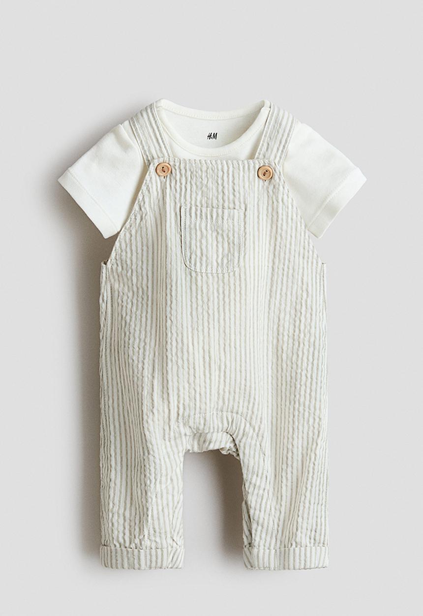 H&M - 2-piece cotton set - white/beige striped