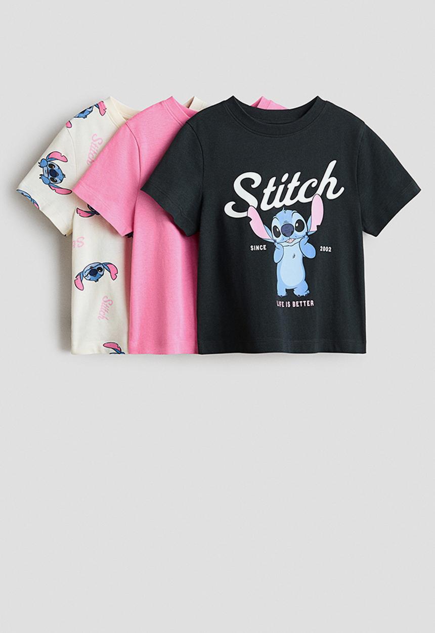 H&M - 3-pack printed jersey tops - dark grey/lilo & stitch