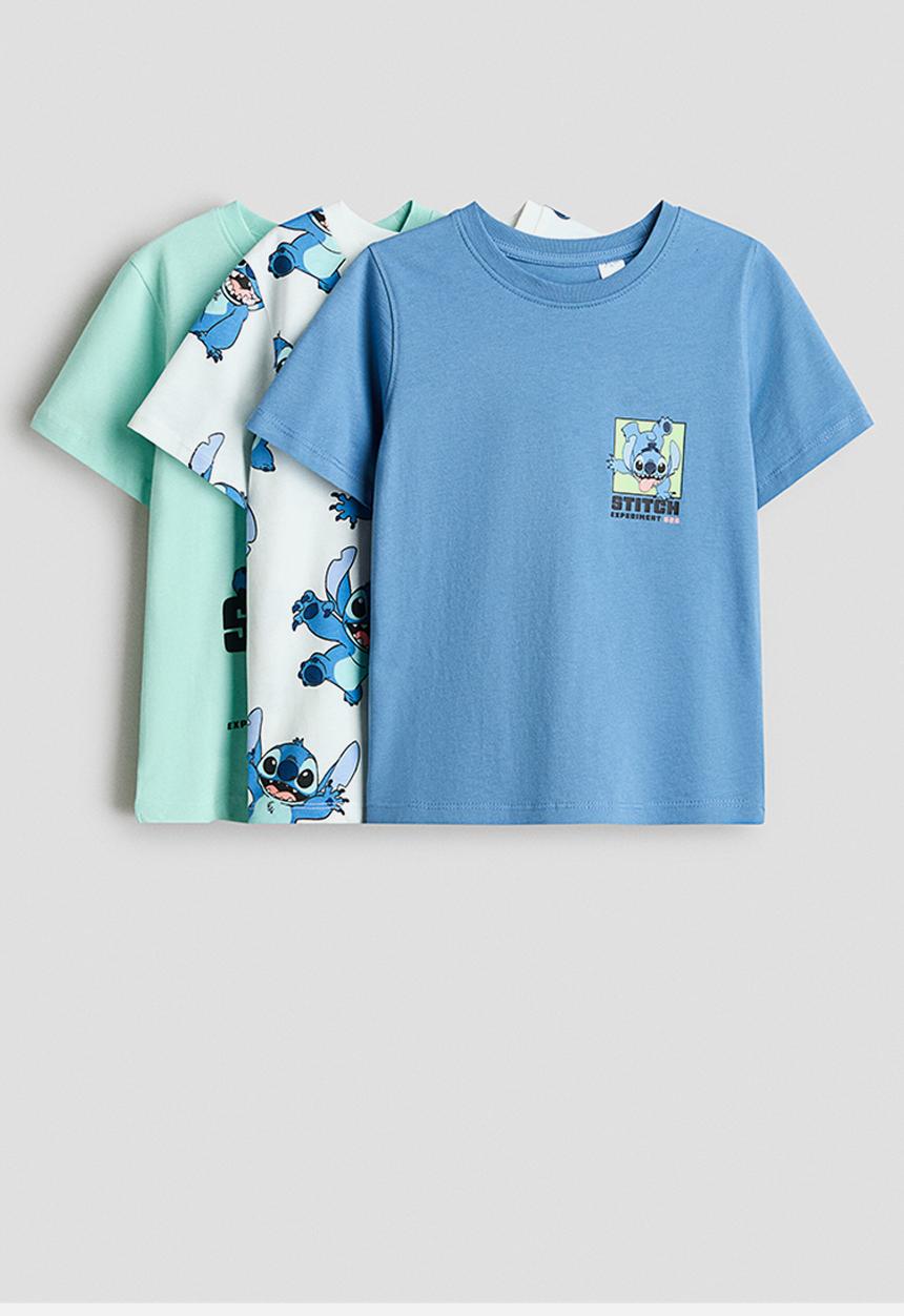 H&M - 3-pack printed t-shirts - blue/lilo & stitch