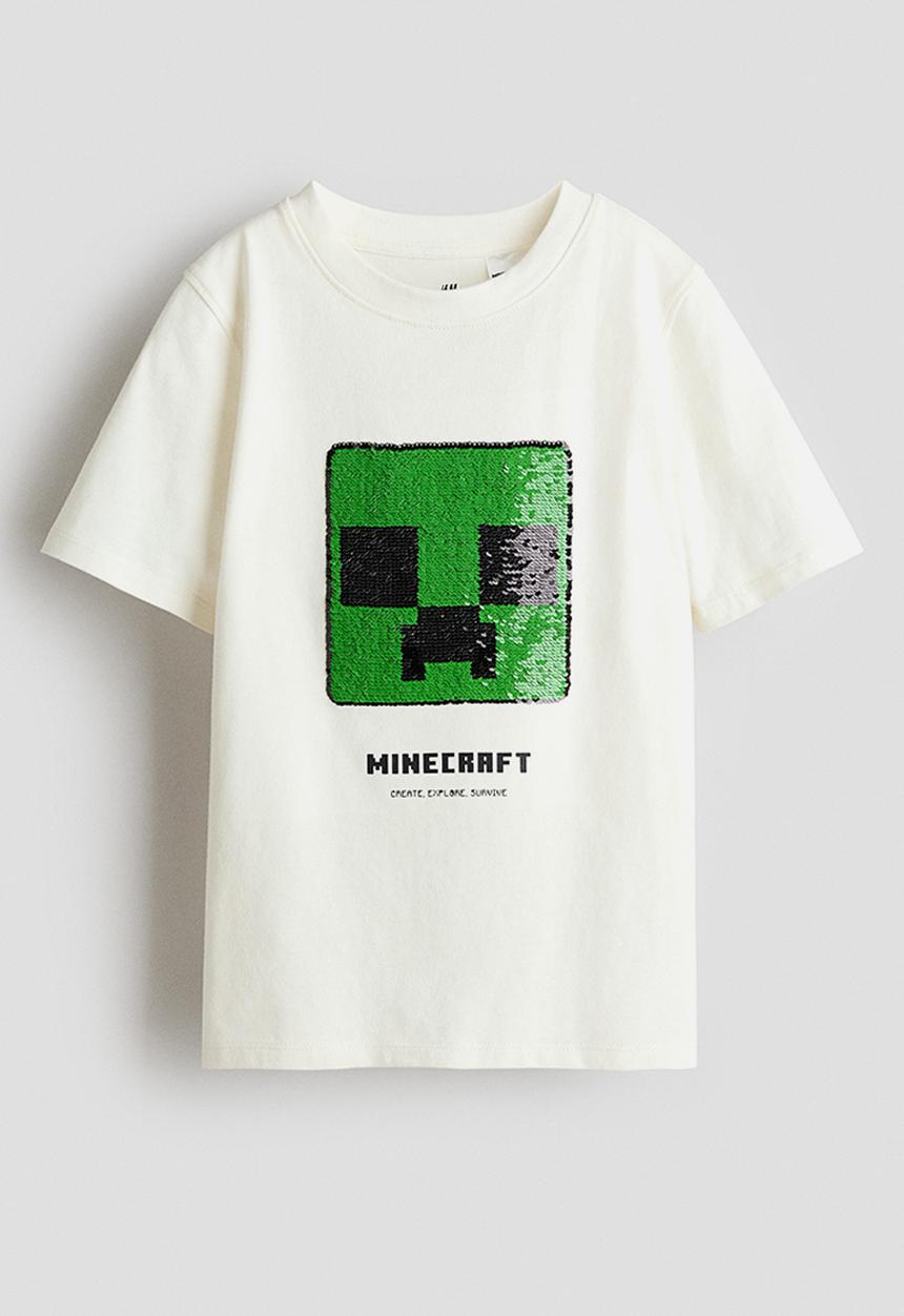 H&M - Reversible sequin t-shirt - cream/minecraft