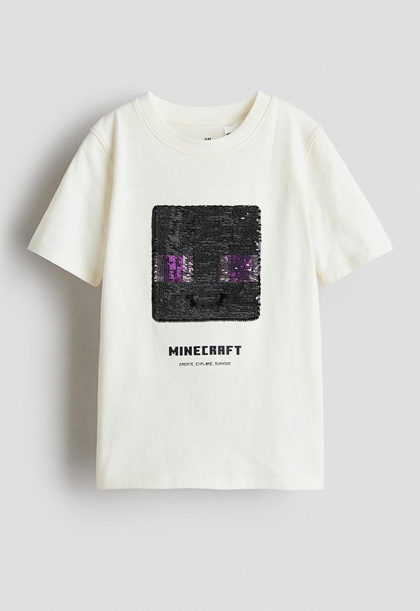 H&M - Reversible sequin t-shirt - cream/minecraft