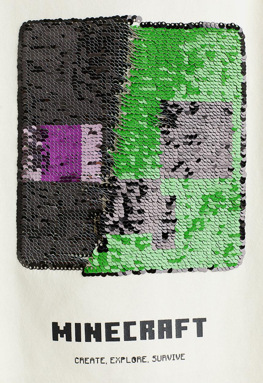 H&M - Reversible sequin t-shirt - cream/minecraft