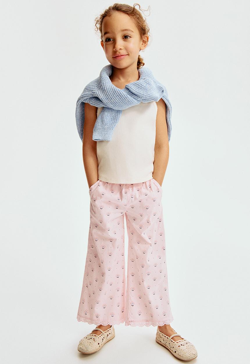 H&M - Lace-trimmed seersucker trousers - light pink/floral