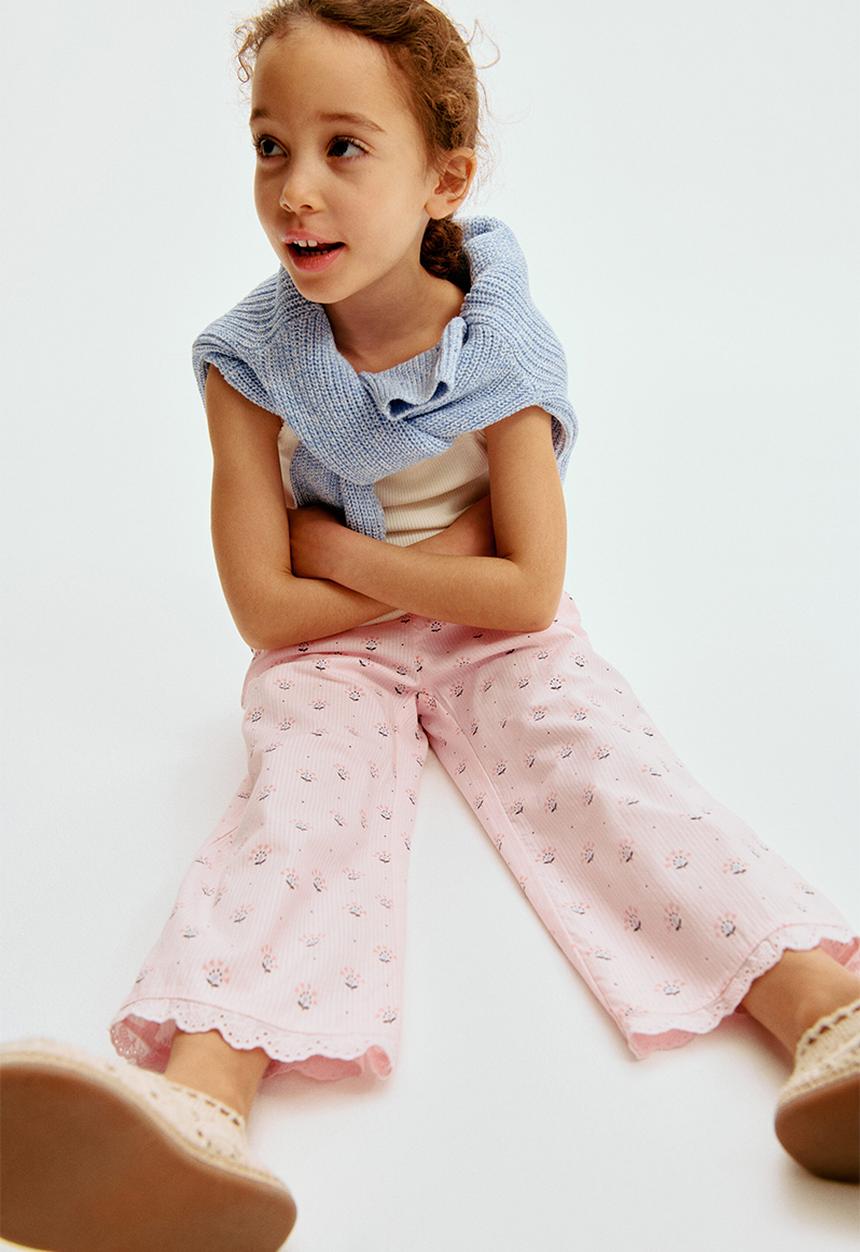 H&M - Lace-trimmed seersucker trousers - light pink/floral