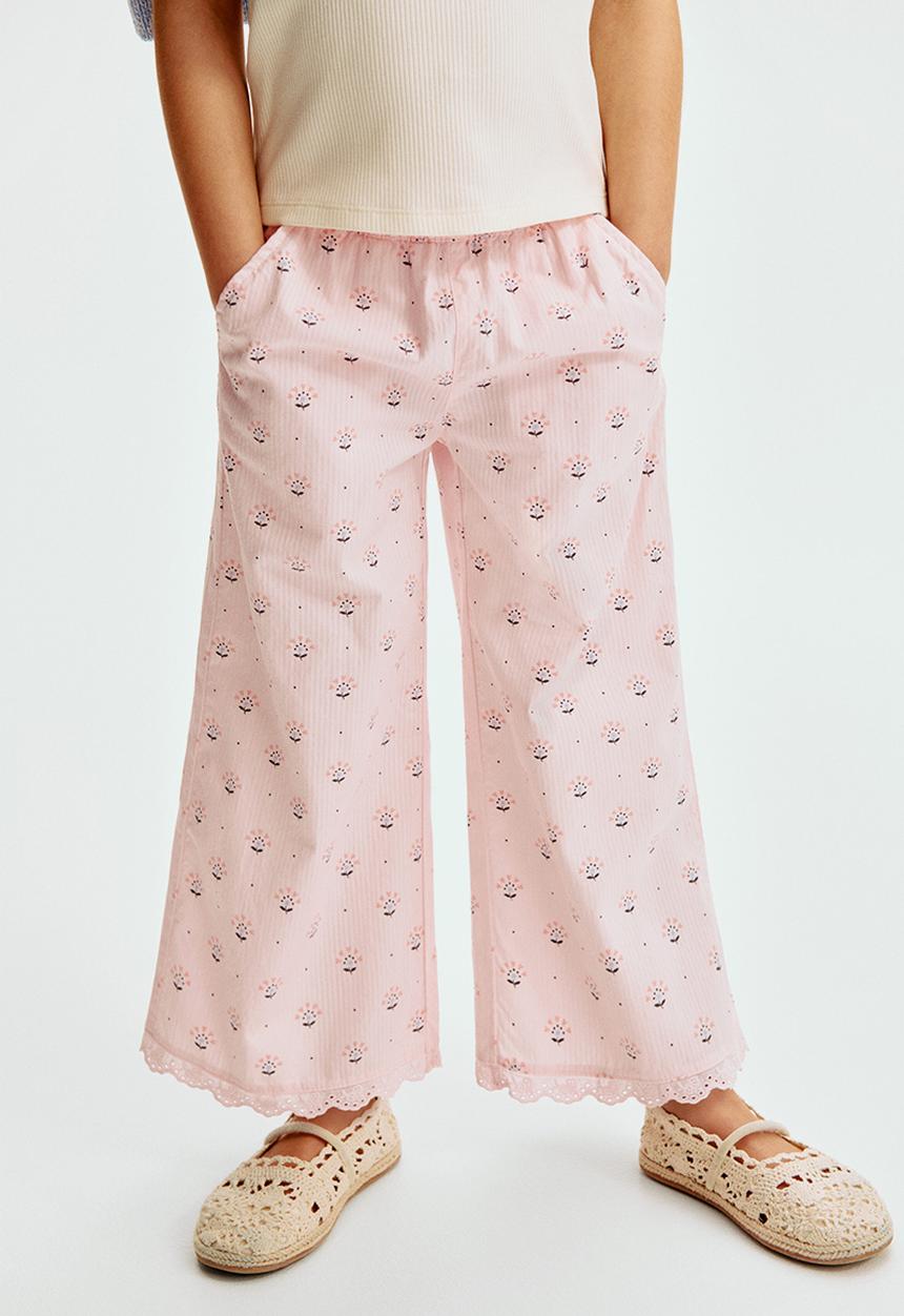 H&M - Lace-trimmed seersucker trousers - light pink/floral