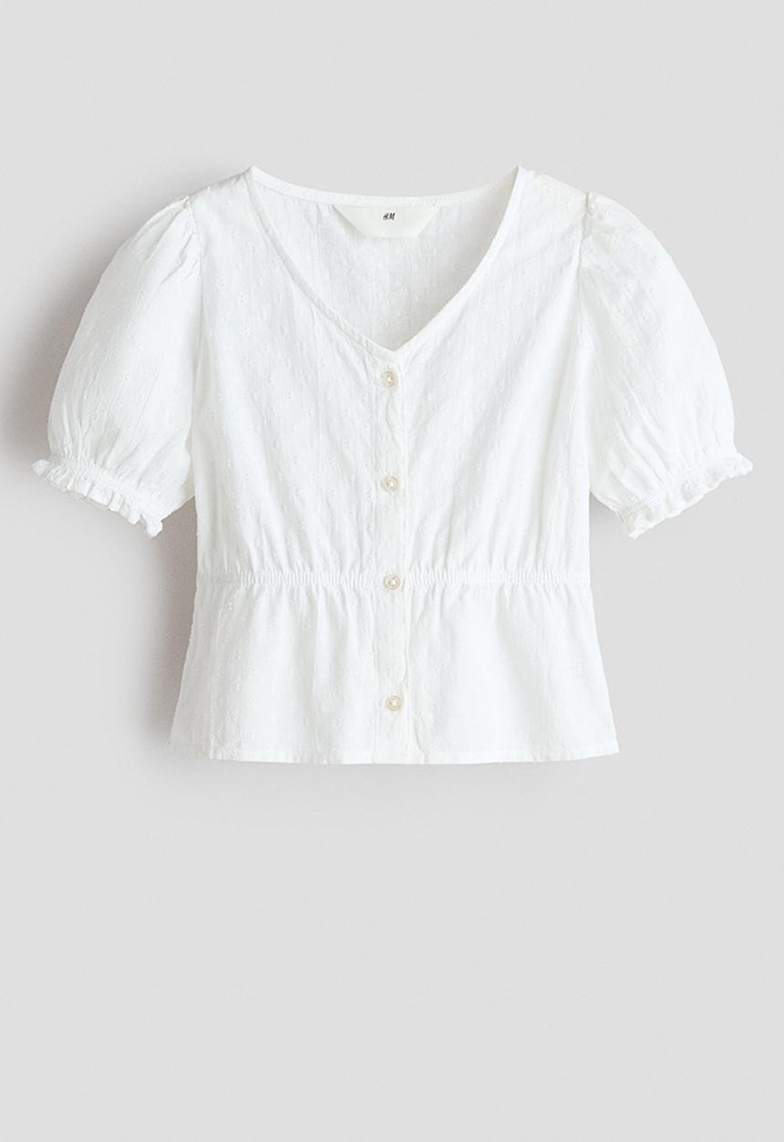H&M - Puff-sleeved cotton seersucker blouse - white
