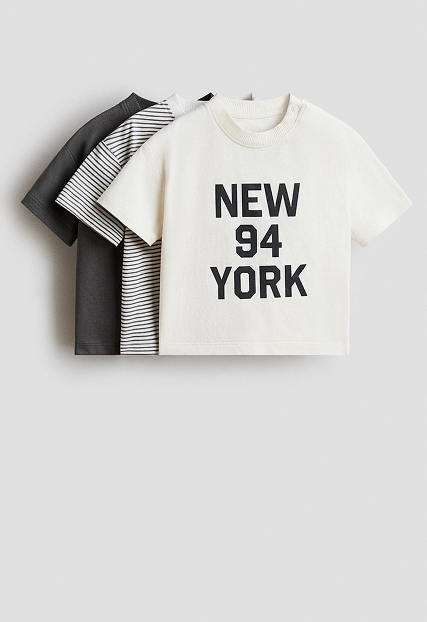 H&M - 3-pack cotton t-shirts - cream/new york