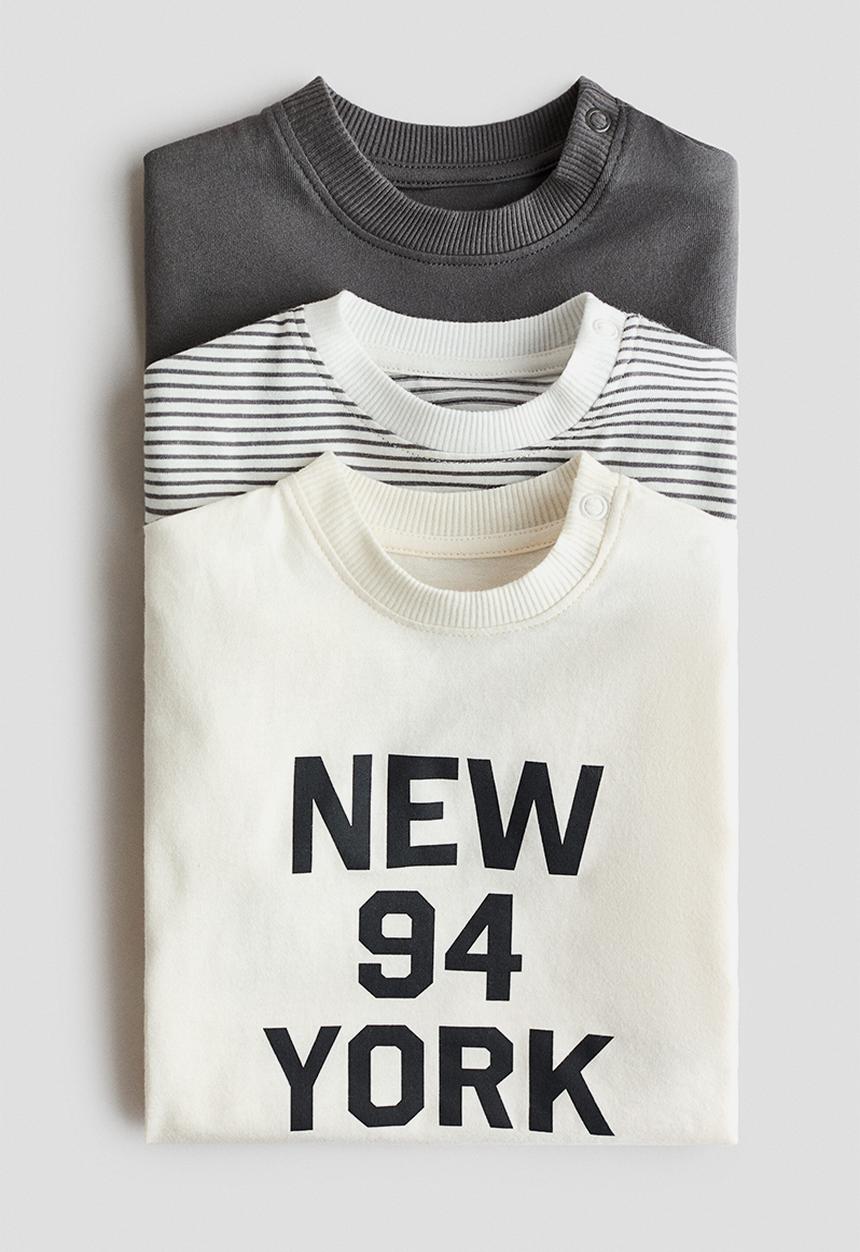 H&M - 3-pack cotton t-shirts - cream/new york
