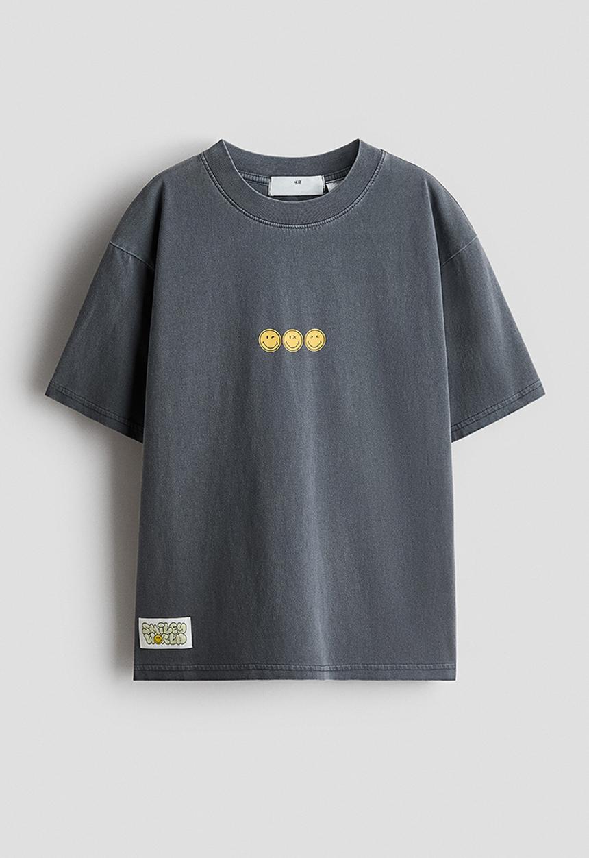H&M - Printed t-shirt - dark grey/smileyworld?