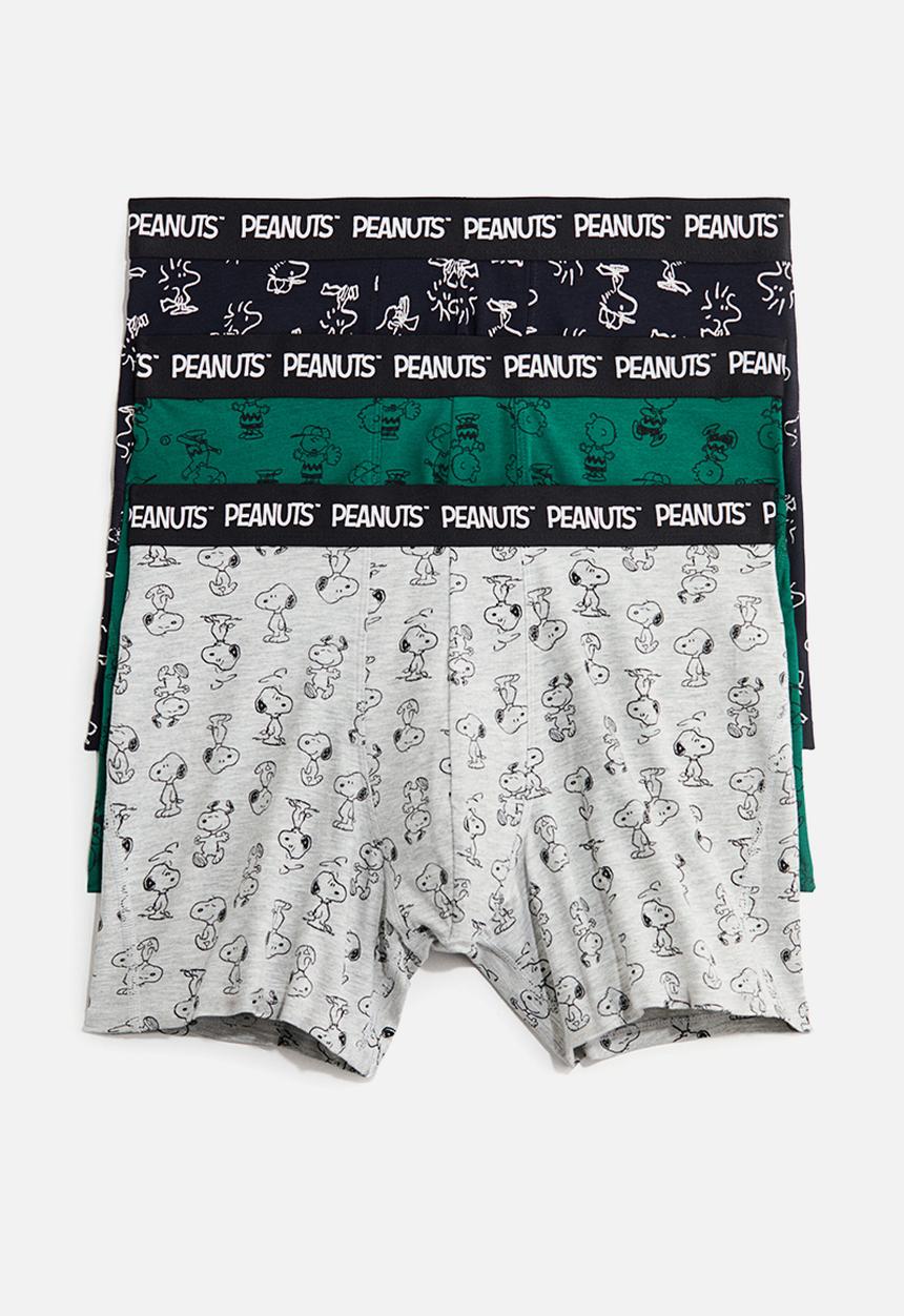 H&M - 3-pack print-motif cotton trunks - light grey marl/snoopy