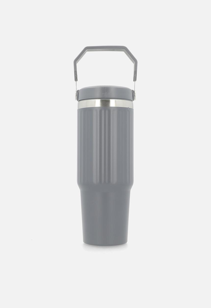 Excellent Houseware - Grey Staniless Steel Rib Design Drinking Flask with Handle