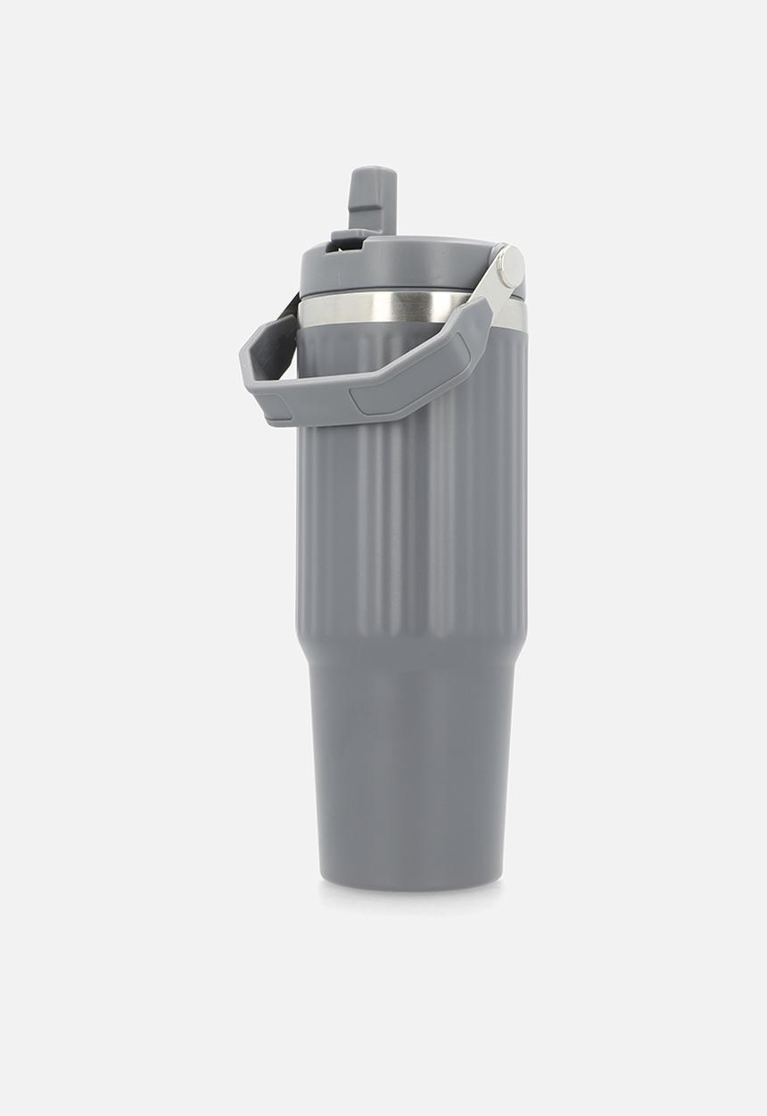 Excellent Houseware - Grey Staniless Steel Rib Design Drinking Flask with Handle