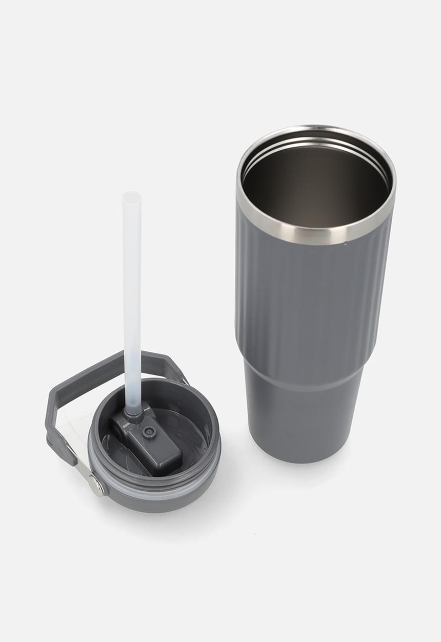 Excellent Houseware - Grey Staniless Steel Rib Design Drinking Flask with Handle