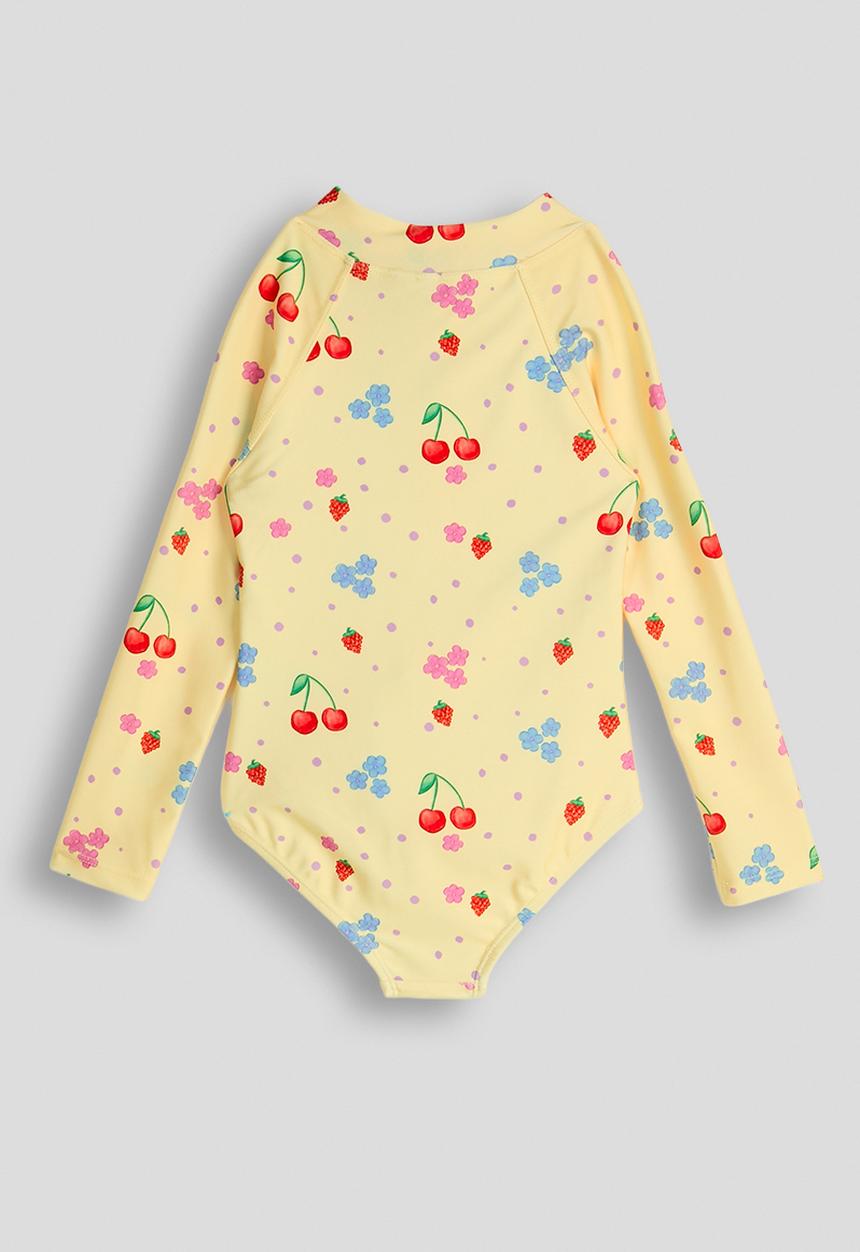 Cotton On - Long Sleeve One Piece Swimsuit - Baby Yellow/Cherries