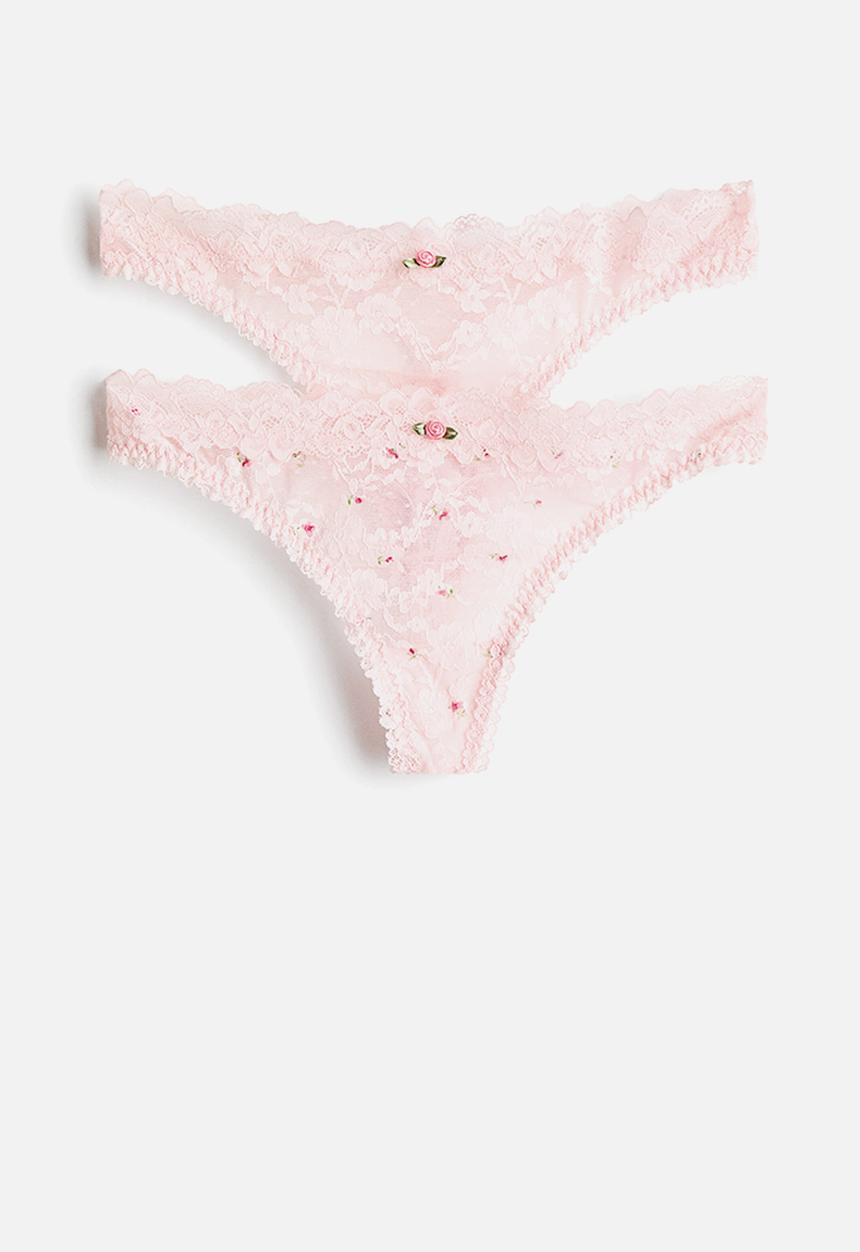 H&M - 2-pack lace thong briefs - pink/floral