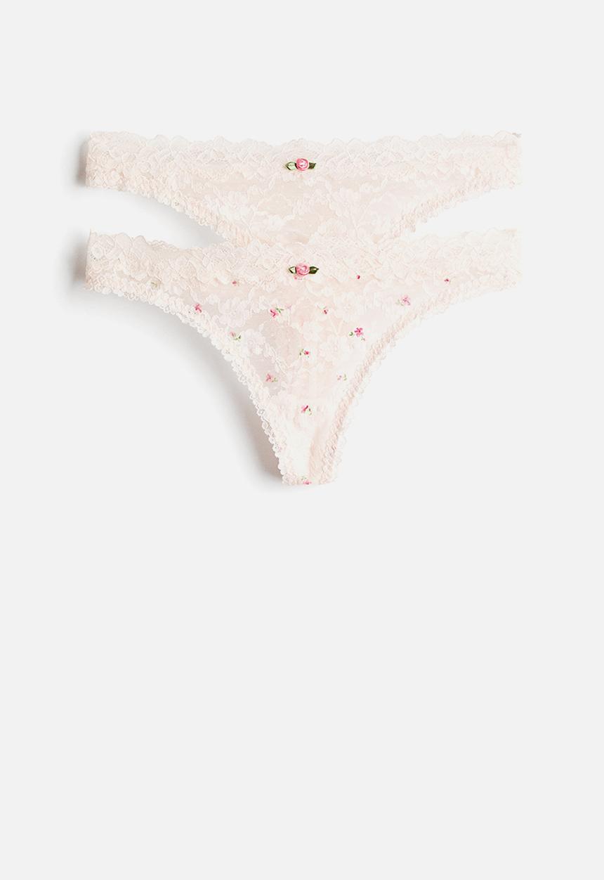 H&M - 2-pack lace thong briefs - powder pink/floral