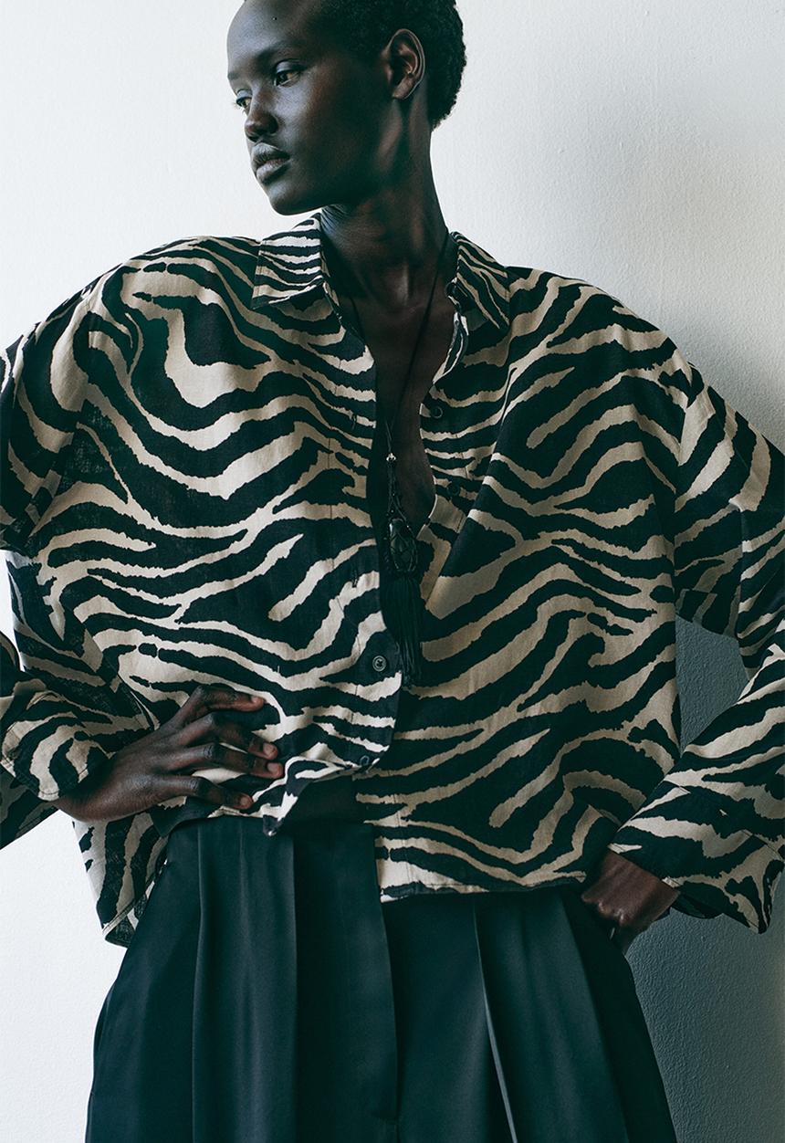 H&M - Linen-blend shirt - black/zebra print
