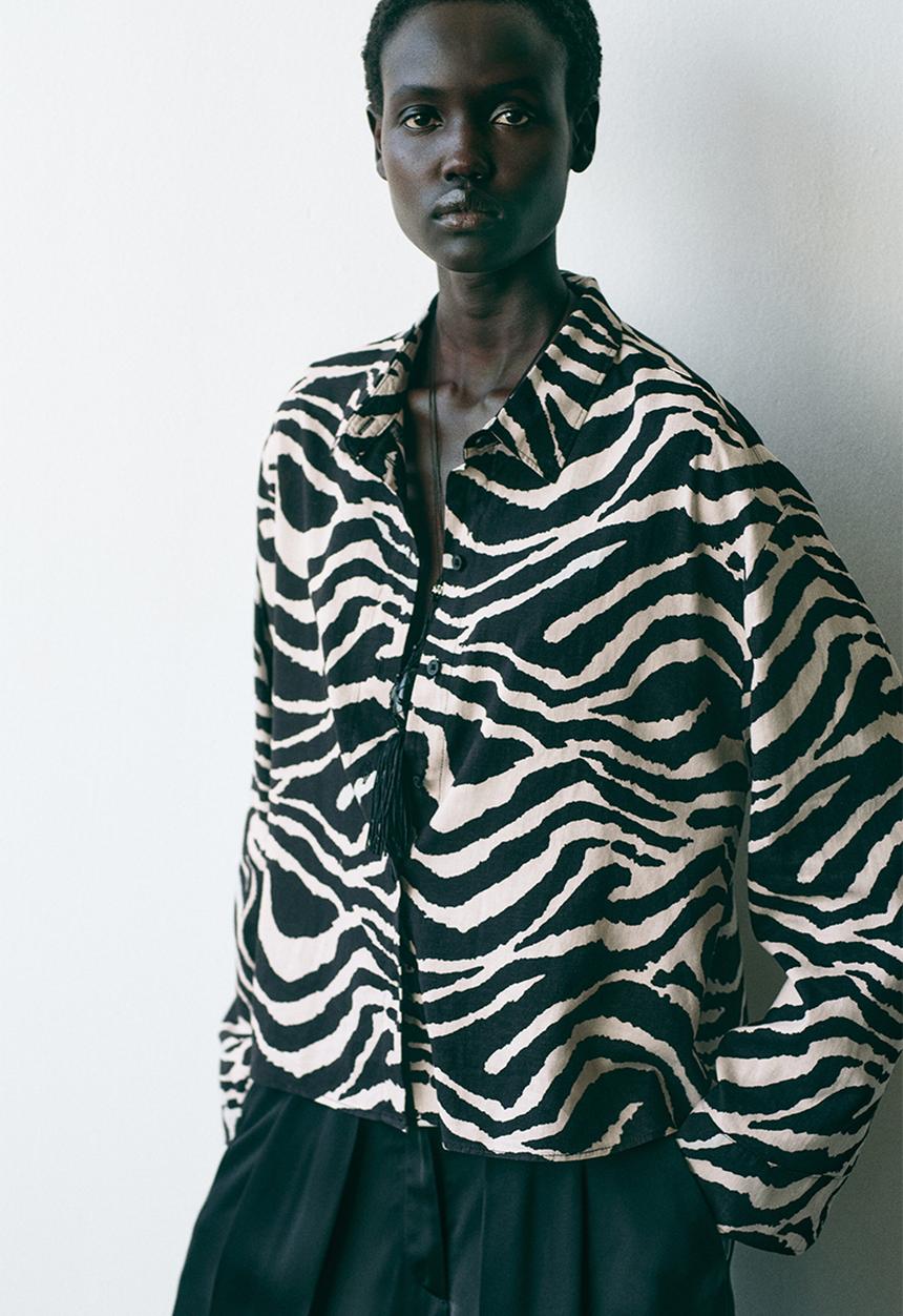H&M - Linen-blend shirt - black/zebra print