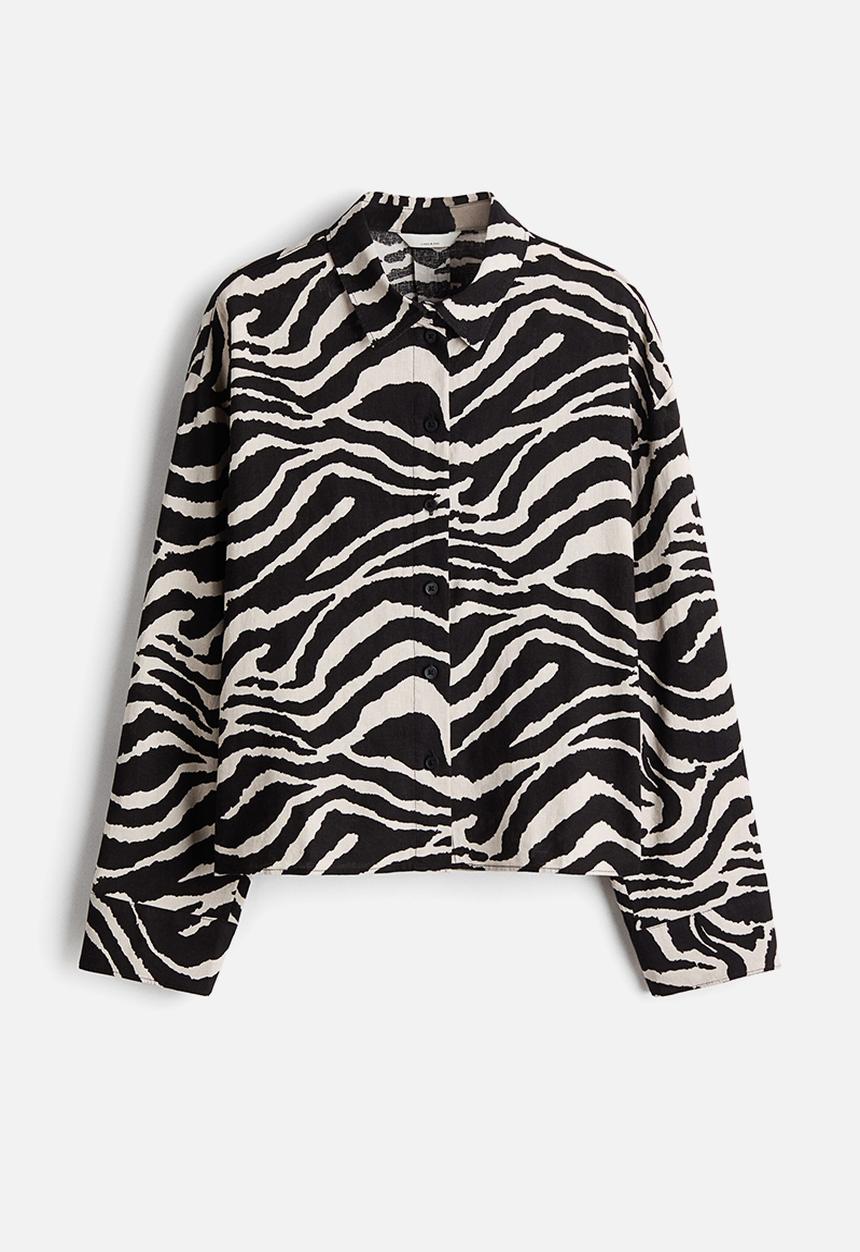 H&M - Linen-blend shirt - black/zebra print